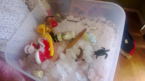 We've found all the animals, can we have more ice? We added crushed ice from the ice machine on the fridge.