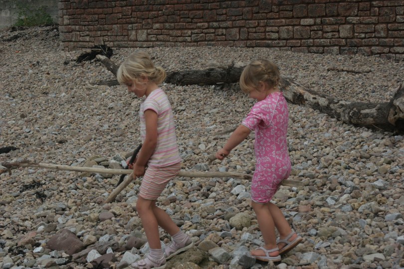 playing with driftwood