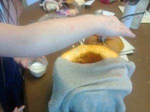 We covered one half odf the pumpkin with a warm flannel to see what would happen. 