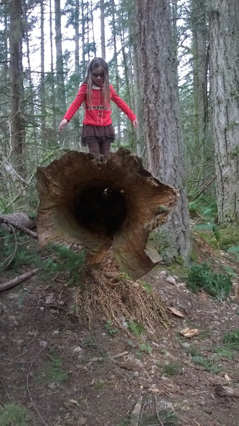 girl balancing on hollow log
